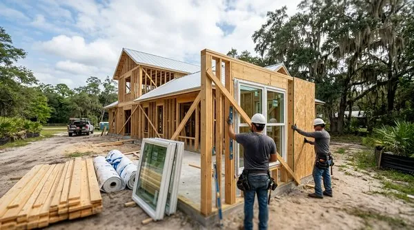 Builder and designer reviewing custom home design-build plans at a Chuluota construction site in late afternoon light.